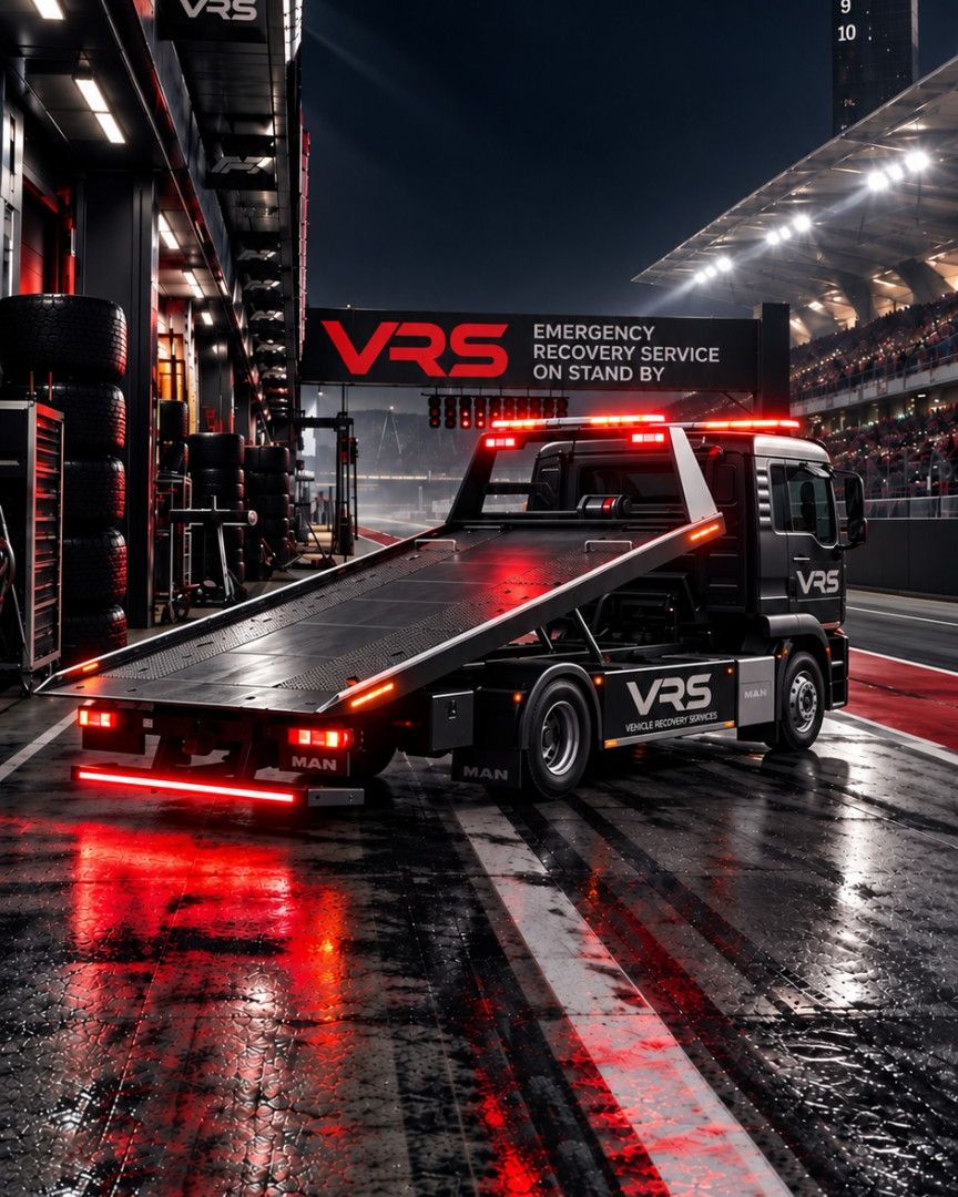 VRS flatbed recovery truck with its red warning lights on, standing by for an emergency call-out